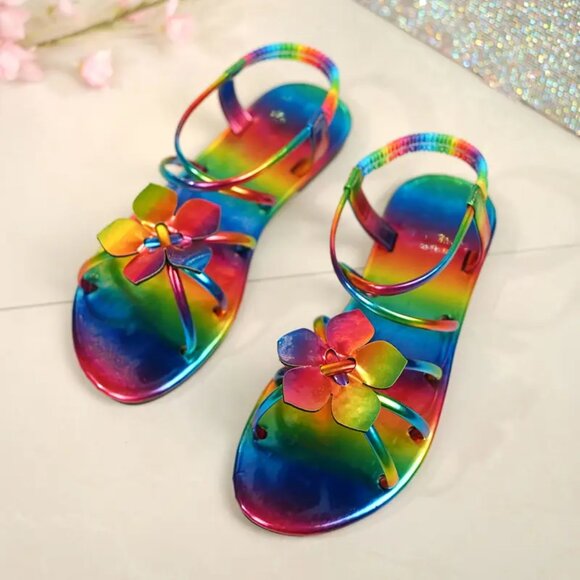 Rainbow Floral Flat Sandals โ Retro Open-Toe Roman Style, Comfy & Colorful - Picture 7 of 7